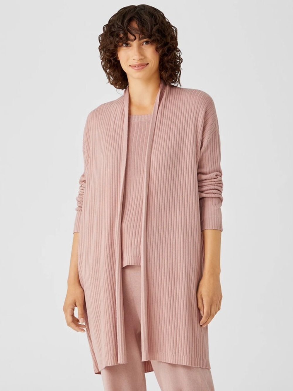 Eileen Fisher Powder Pink Ribbed Knit Organic Cotton Open Cardigan Sweater Large